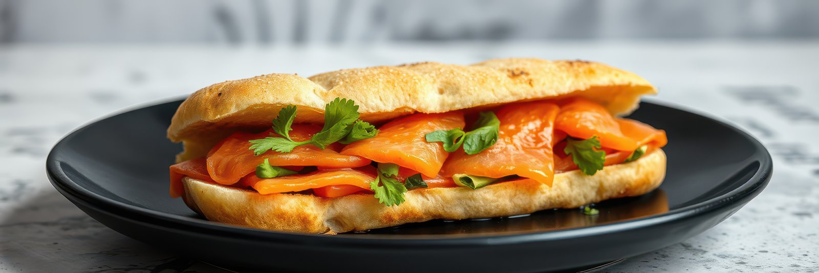 Freshly prepared sandwich filled with smoked salmon and herbs on a black plate